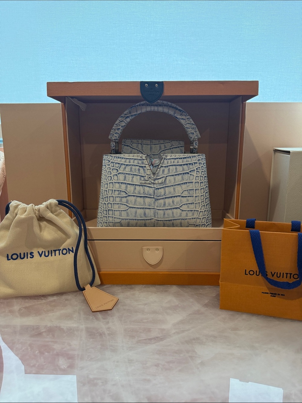 Louis Vuitton White with Blue Wash Croc-Embossed Top Handle Satchel